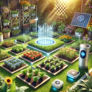 A smart garden featuring a small automated irrigation system, solar-powered devices, and lush greenery. The garden includes neatly arranged vegetables.